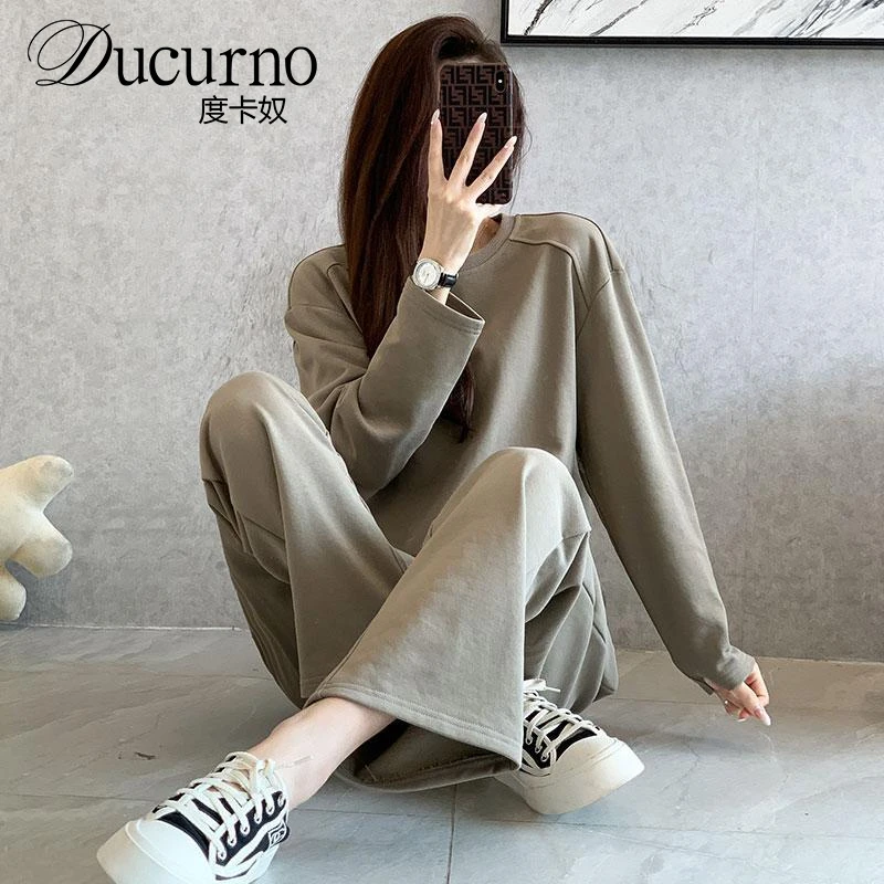 运动休闲套装女2025韩版潮宽松慵懒风复古卫衣阔脚裤两件套时尚潮