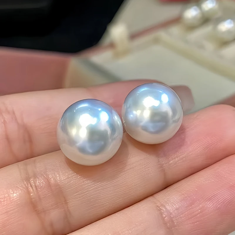 【特选】珍珠耳钉18k金正圆天然淡水珍珠赛澳白珍珠耳钉大粒正宗13m