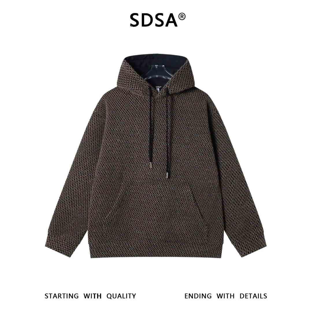 SDSA男士秋冬新款痞帅男装简约提花小格子抽绳连帽卫衣绒毛百搭潮