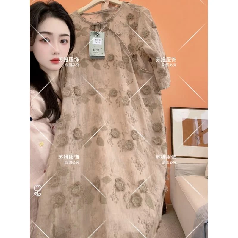 2230新款苎麻女士长款气质连衣裙