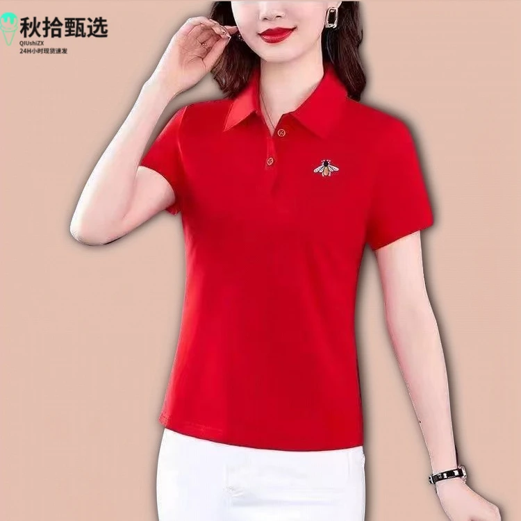 秋拾-妈妈翻领短袖T恤女2025夏季新款Polo中年人运动休闲上衣大码