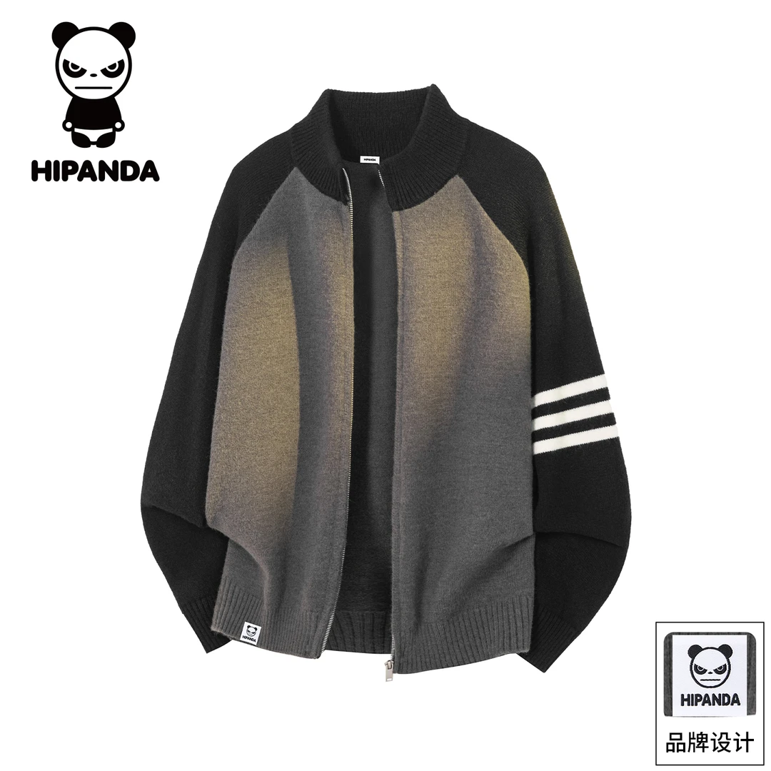 Hi Panda你好熊猫秋冬拼接针织开衫毛衣男士慵懒风百搭立领外套男