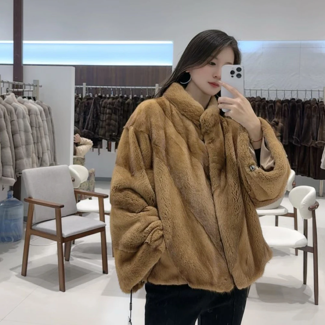 落日熔金"斜排进口短二整貂水貂皮草外套女貂皮大衣年轻款冬