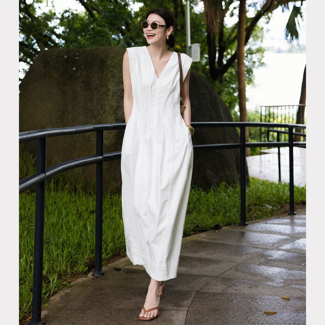 ZEROYK高圆圆同款白色法式气质显瘦鱼骨长裙高级感V领收腰连衣裙