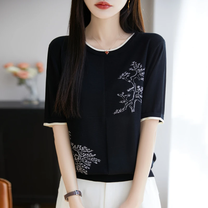 正品哥弟新款短袖t恤女装2025圆领桑蚕丝冰丝透气半袖高档上衣服