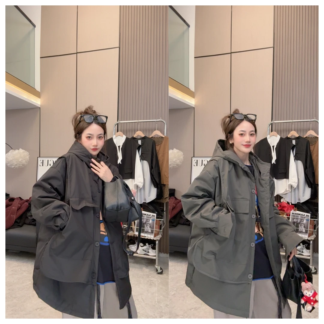 【心动感觉】秋冬上新~假两件双口袋百搭宽松中长款连帽棉服