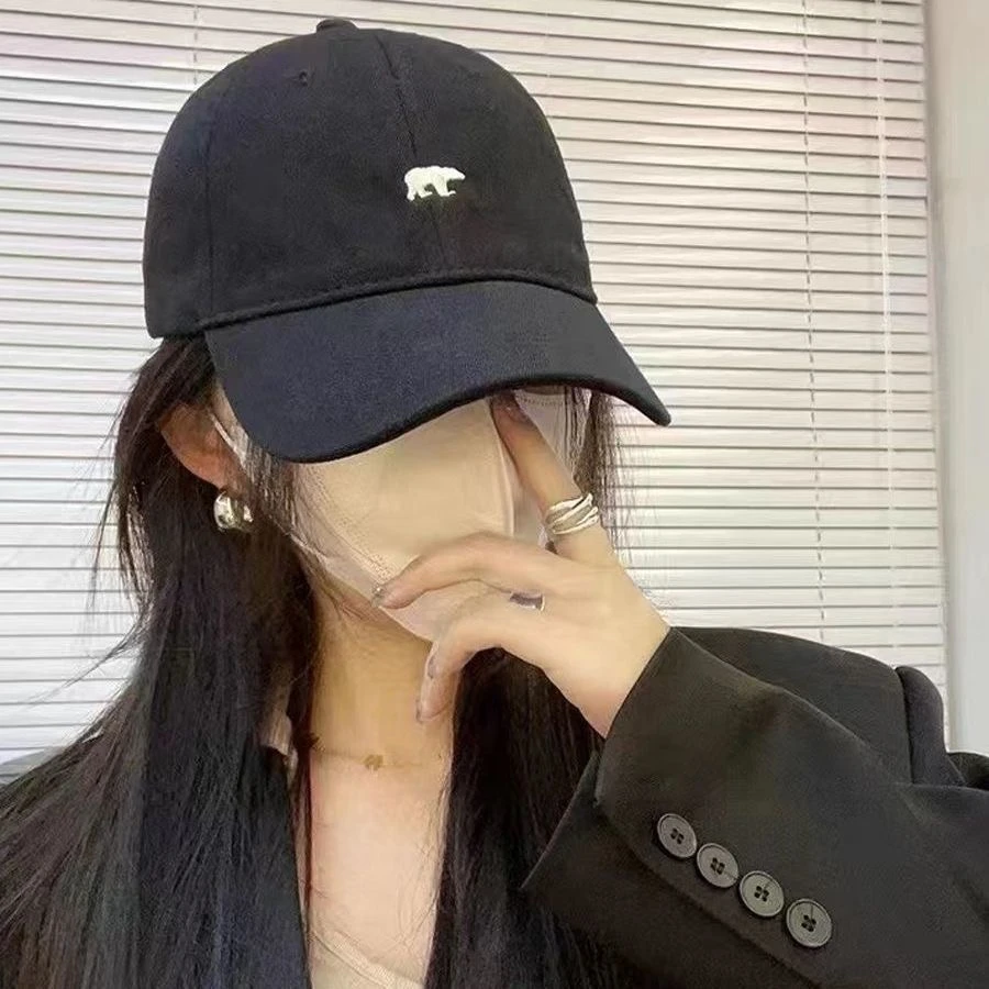 高品质北极熊刺绣棒球帽女宽檐显脸小复古帽子加宽帽檐男软顶潮男