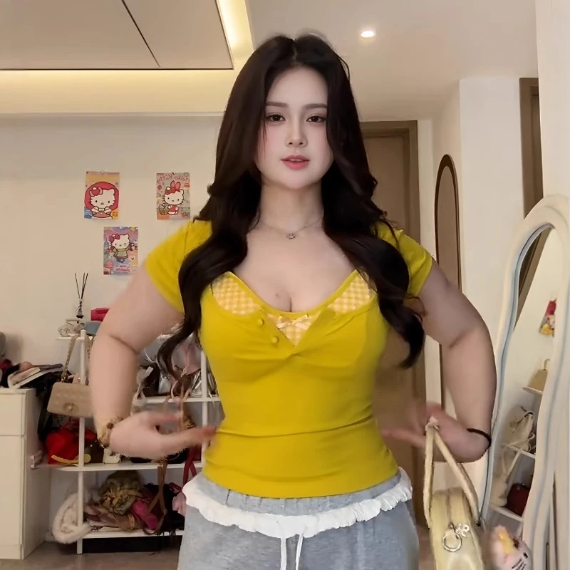 大码纯欲短袖t恤掐腰上衣叠穿两件套女胖mm遮肉显瘦夏日绝美套装