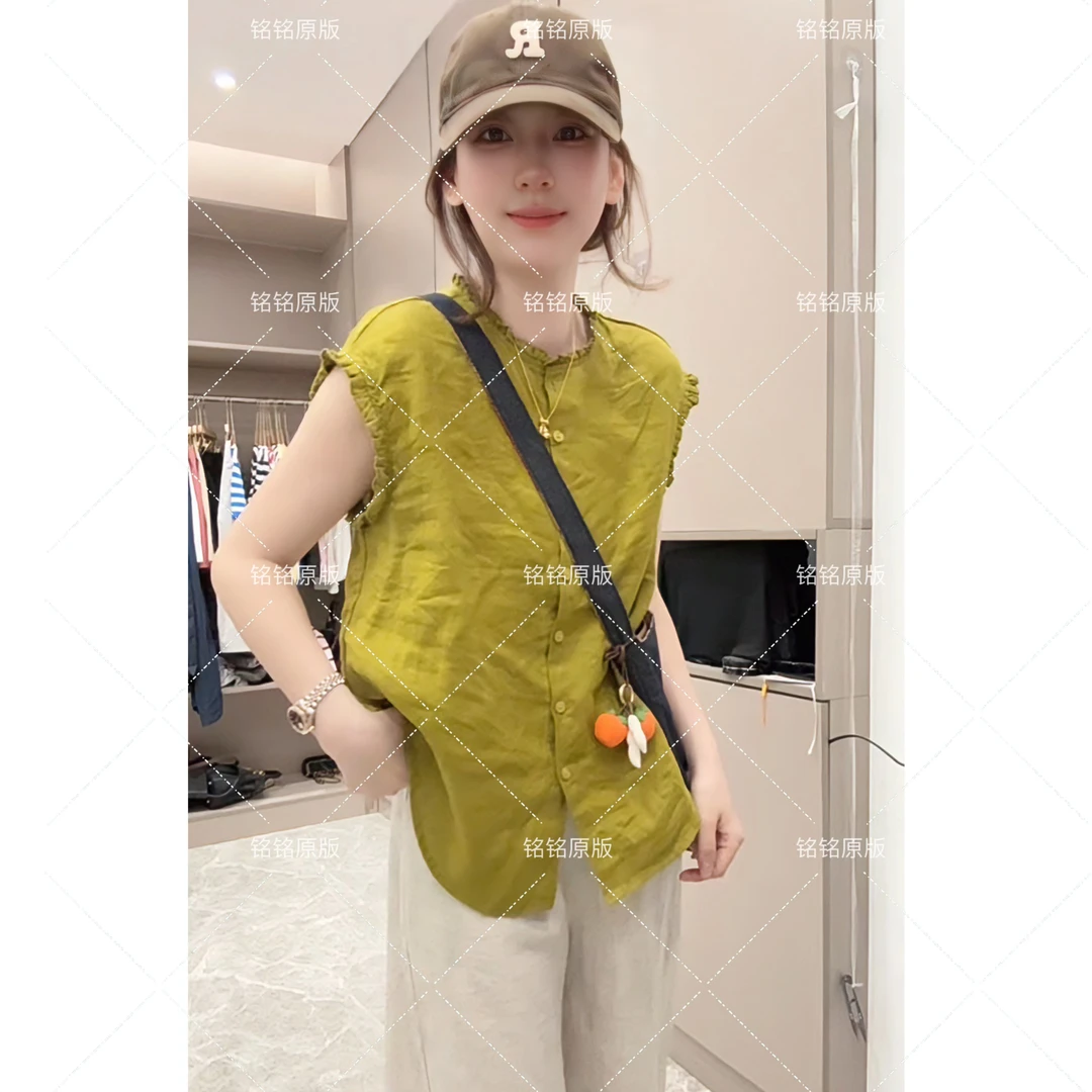 【铭铭专属】夏季新款100亚麻纯色无袖衬衫圆领上衣小众女装洋气