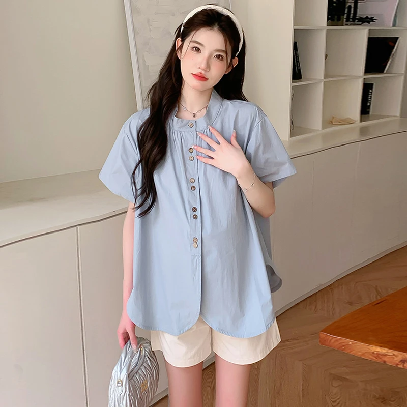 【伊伊】孕妇衬衫2025夏季薄款设计感双扣开叉纯棉宽松舒适孕妇上衣