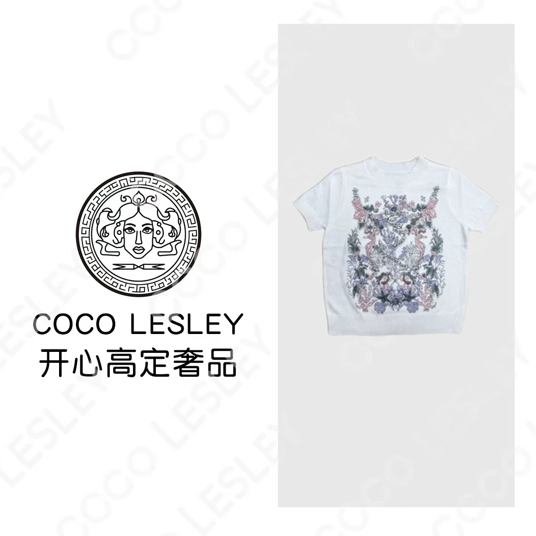 【 COCO LESLEY】欧韩时尚重工刺绣D家圆领针织短袖休闲百搭上衣女