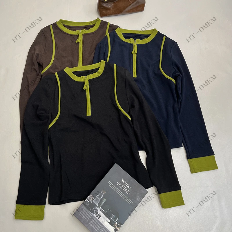秋冬新款时尚显瘦小众圆领设计感撞色半拉链长袖T恤假两件上衣
