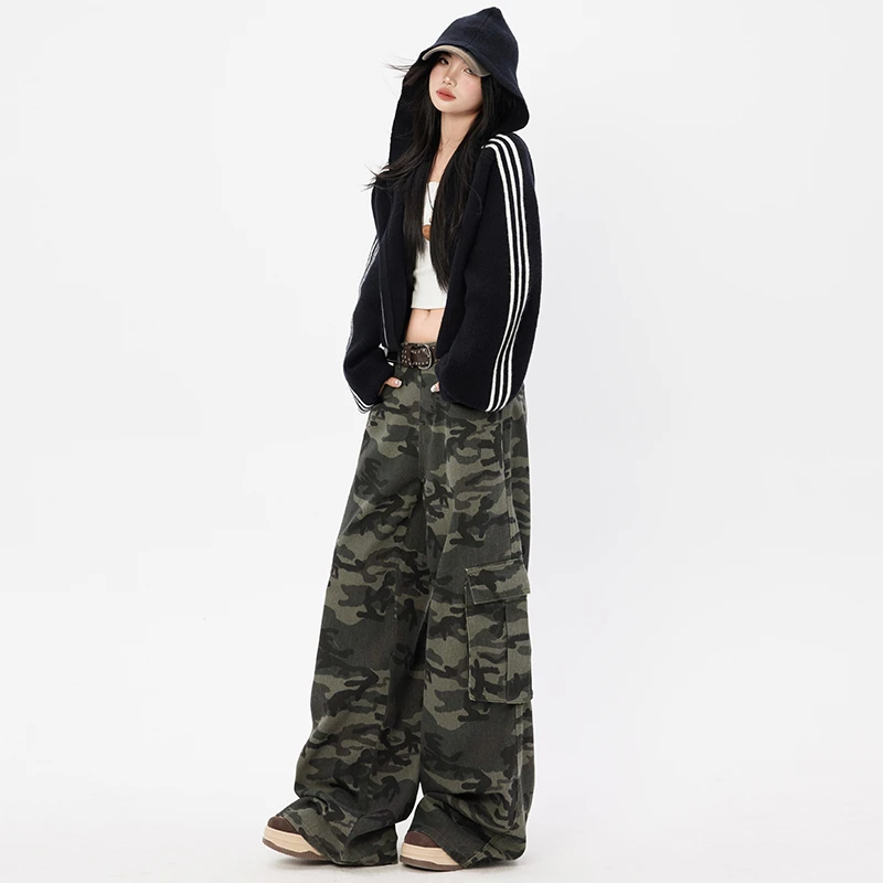 GL 迷彩工装裤女2025春季新款宽松阔腿跳舞裤子牛仔裤显瘦拖地款