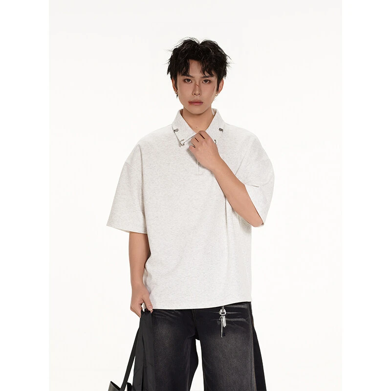 凌小君重磅金属扣polo领短袖t恤男夏美式高街潮牌高级感五分半袖