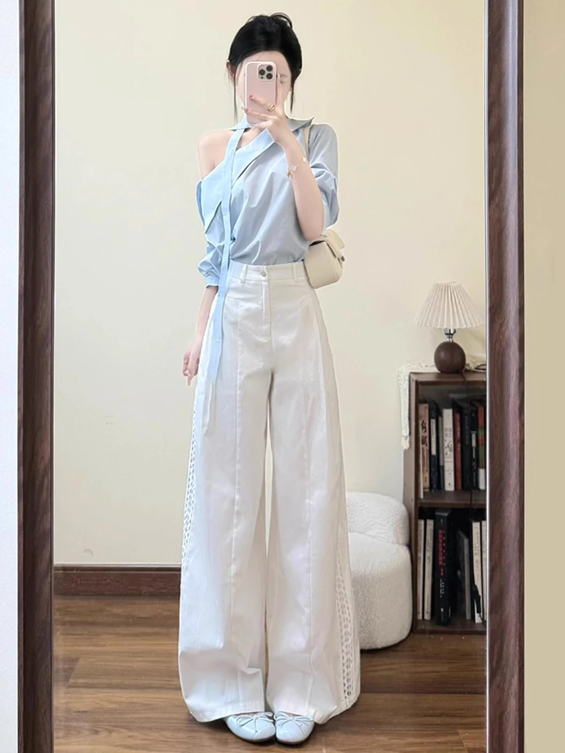 【现货】夏装一整套气质女神范高级感重要场合减龄蓝色斜襟衬衫套装