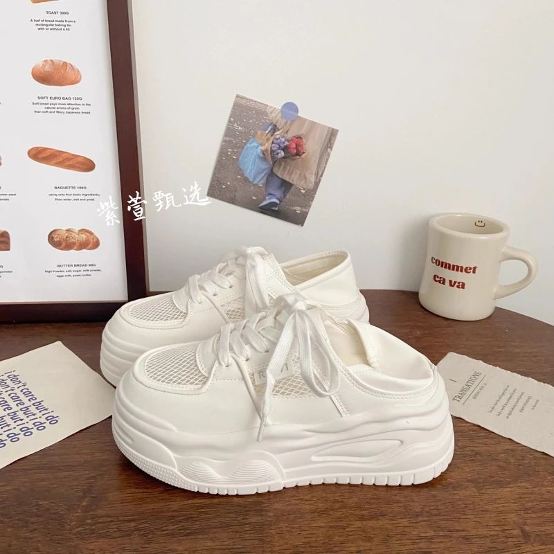 奶白透网两穿小白鞋女松糕2025夏季新款chic百搭小众韩版厚底板鞋