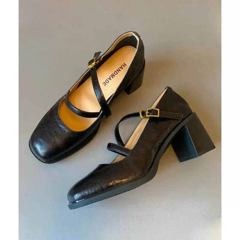 静音底高跟玛丽珍鞋2025春季新款复古方头交叉带单鞋女通勤高跟鞋