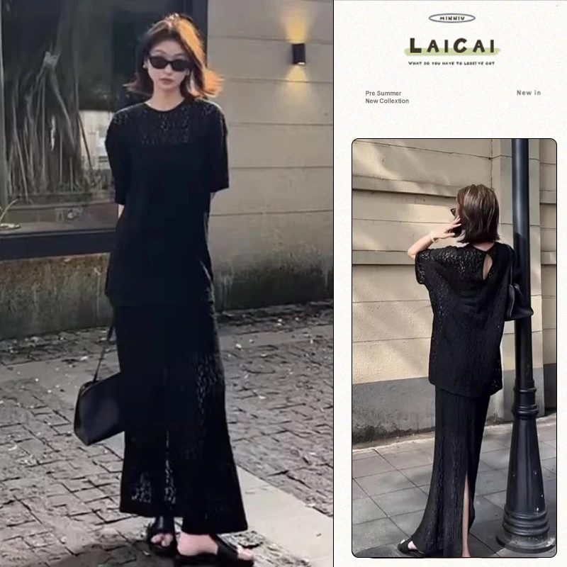 法式蕾丝透视黑色罩衫短袖上衣2025夏季独特气质帅气半身裙两