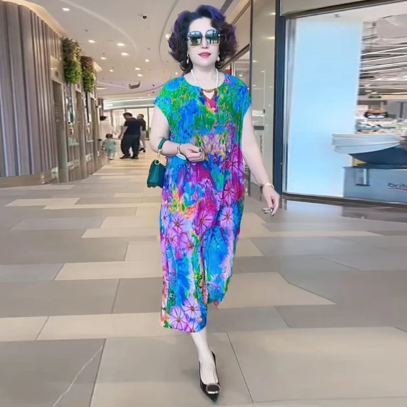 度假风沙滩裙夏季新款宽松休闲双绉连衣裙轻奢洋气减龄妈妈花裙子