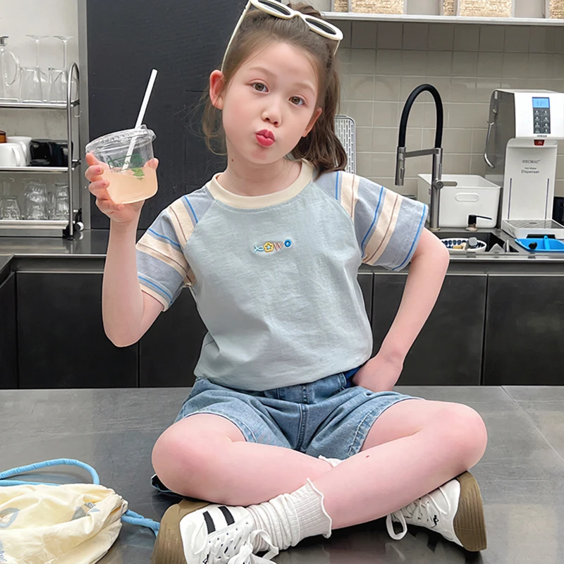 女童夏季短袖纯棉T恤韩版洋气儿童小女孩体恤撞色上衣夏装打底衫