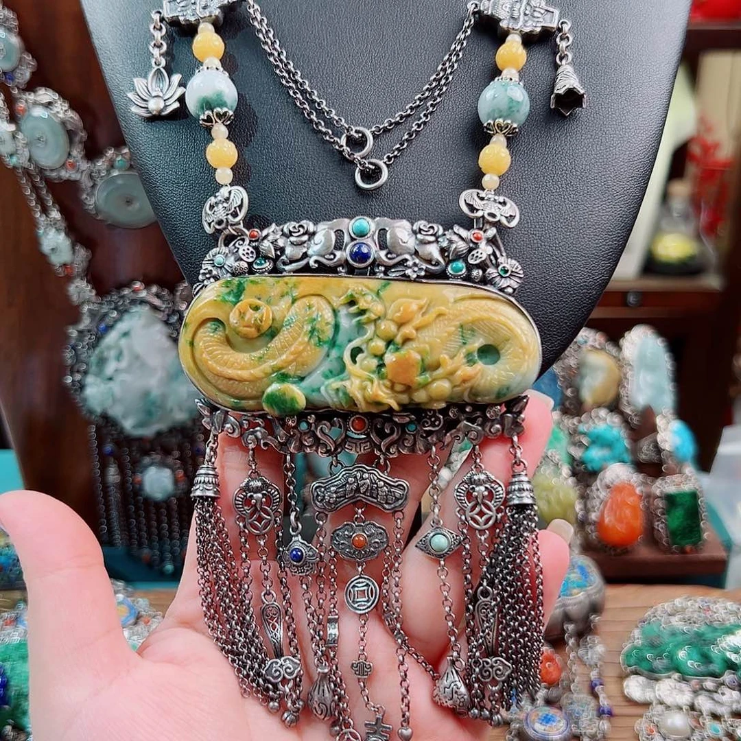 翡翠银S925镶嵌颈饰国风