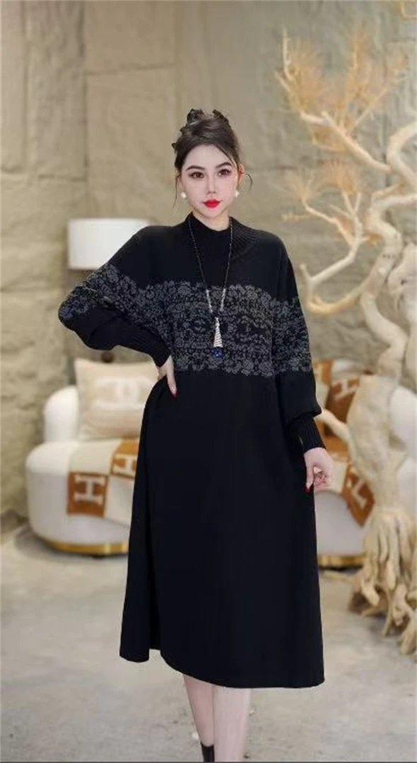 春夏新款【竹烟思月】重磅大码保暖长袖显瘦高贵气质连衣裙-2467#