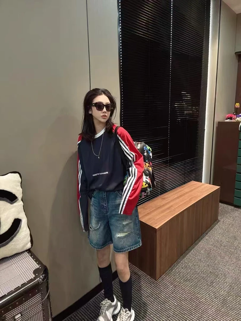 2025夏新款欧货撞色拼接刺绣条纹长袖T防晒上衣潮流时尚百搭显瘦