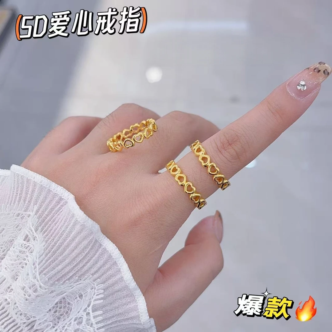 黄金足金999爱心戒指5D工艺大气精致个性时尚小众轻奢送女友女款