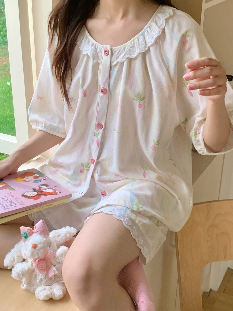 【陌维】夏季双层纱家居服全棉双层纱透气家居服小清新短裤短袖套装