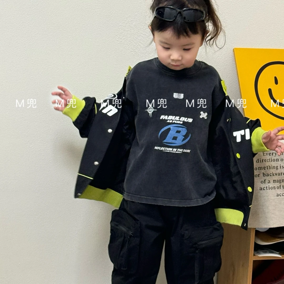 M兜——25年春季新款做旧印染沙洗工艺男女同款儿童小童上衣t