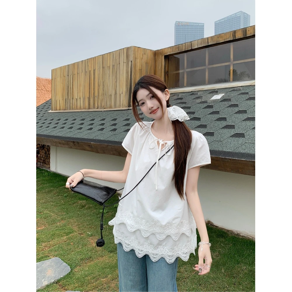 夏季2025年新款女小个子波浪镂空层叠花边拼接法式小衫宽松衬衫潮
