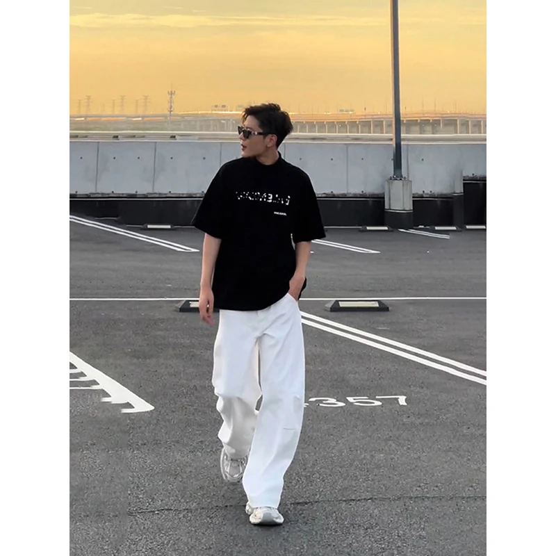 美式白色速干裤子男夏季薄款高个子加长工装裤高腰直筒弯刀阔腿裤