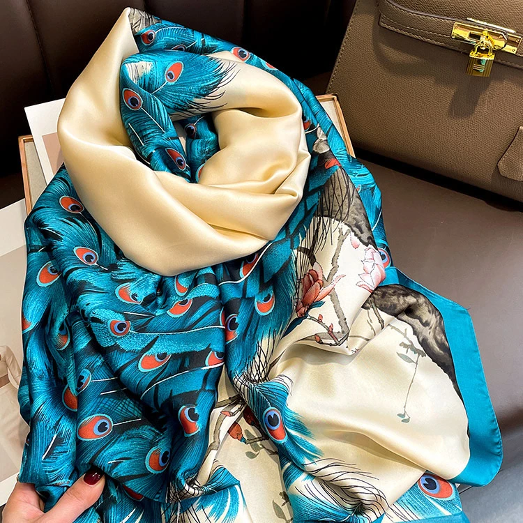 长卿【明珠弹雀】新中式高级百搭丽锦缎精品丝巾90*180（S018）