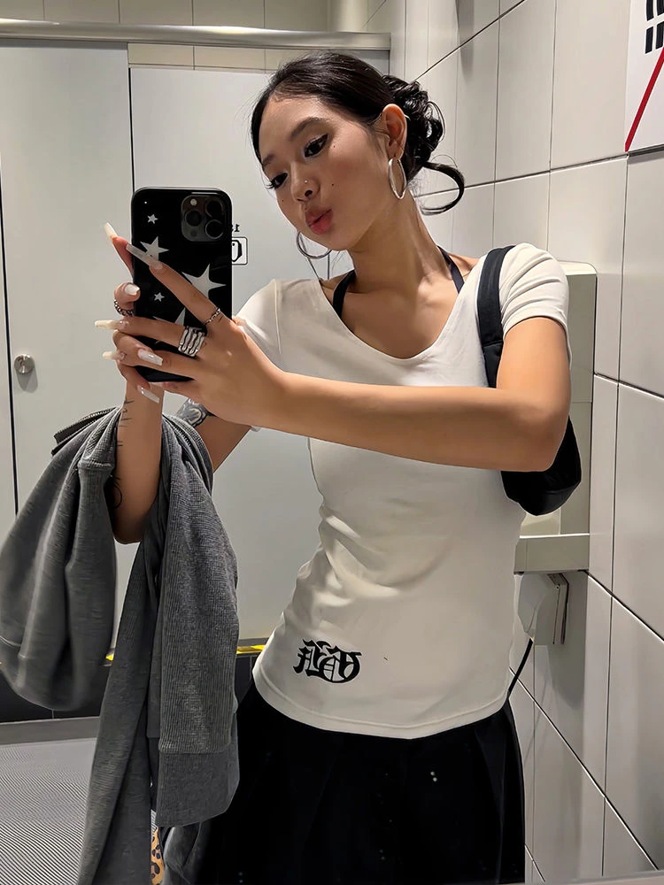 美式十字架印花短袖t恤女夏季2025新款修身辣妹纯欲风v领正肩上衣