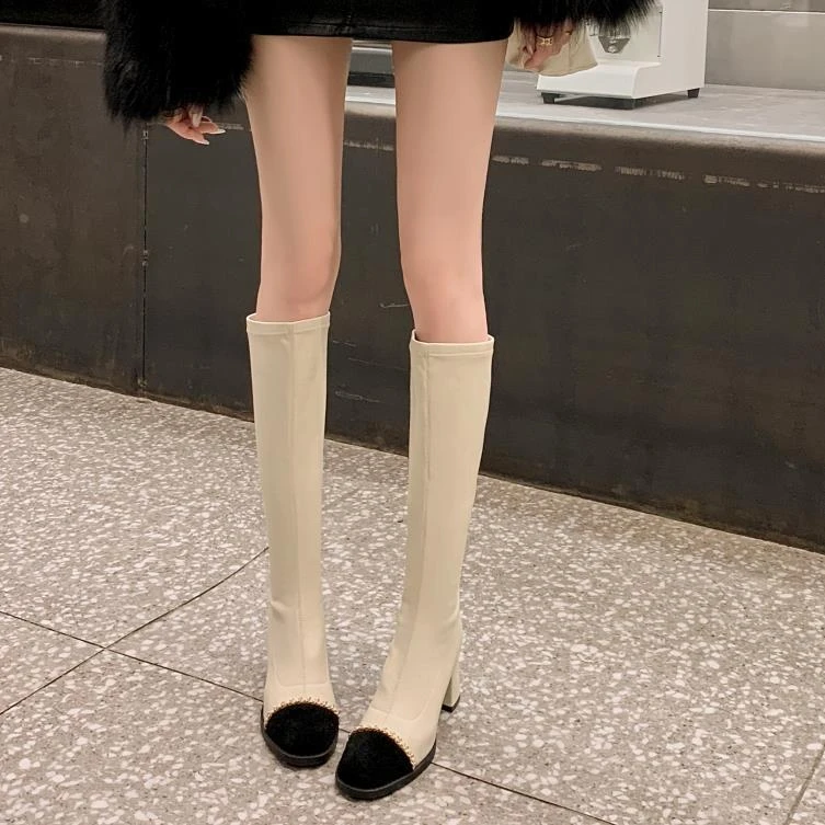 明星同款鞋子女款爆款2025新款小香风长靴女高跟弹力瘦美拉德靴子