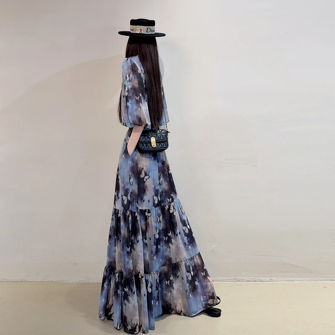 夏季短袖收腰显瘦轻熟风v领气质连衣裙2025法式大摆鱼尾及踝长裙