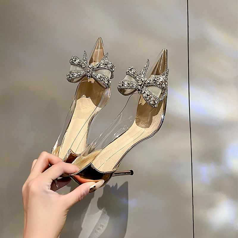 法式透明高跟鞋女细跟2025年春夏新款百搭气质名媛蝴蝶结浅口单鞋