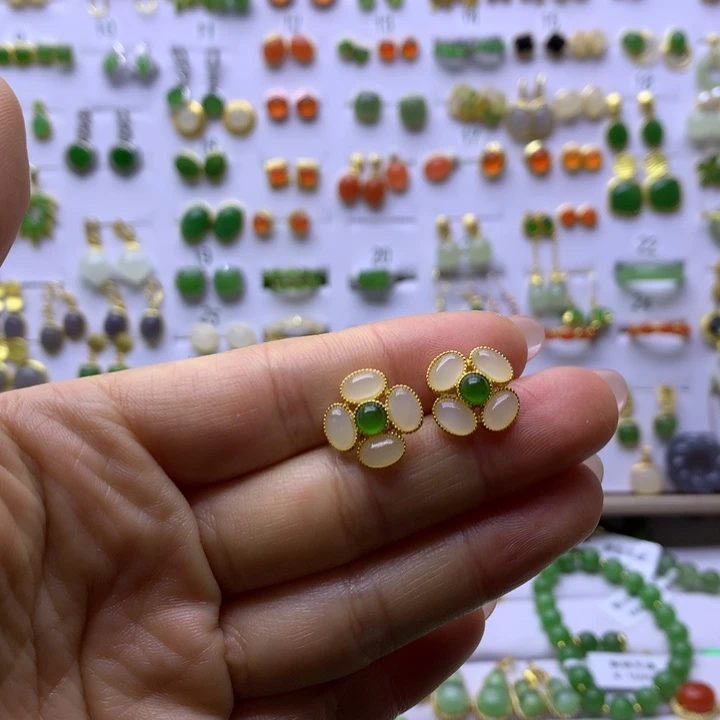 和田玉银S925镶嵌耳饰