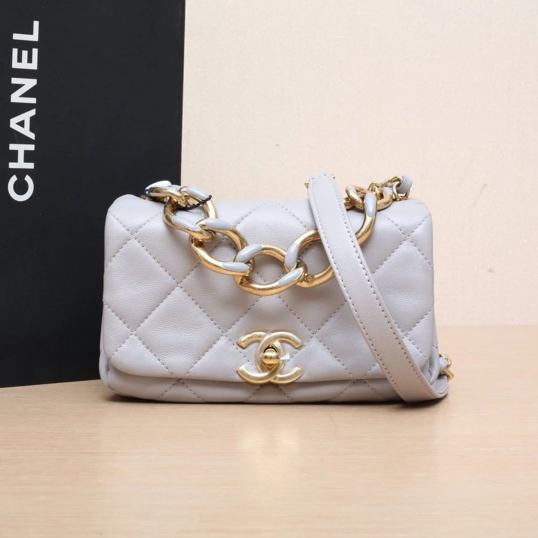 95新 Chanel/香奈儿 【双双】 22A 口盖包 mini 灰色 皮革S芯片