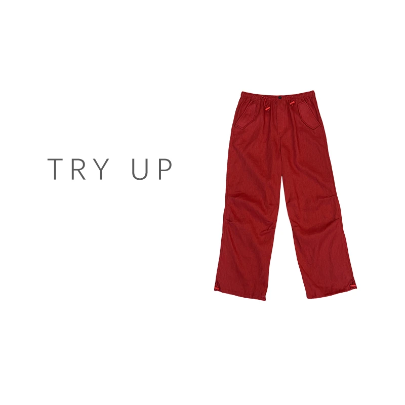 TRY UP|“轻松随性”红色亚麻夏季高腰松紧直筒休闲裤