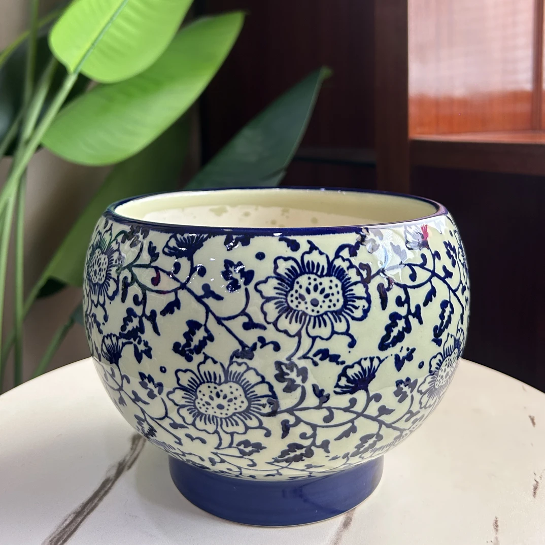A219口17高15新中式青花瓷球形花盆家用蝴蝶兰等花卉