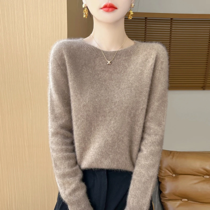 【一线成衣】100%纯羊毛衫女圆领套头宽松毛衣新款纯色长袖打底衫