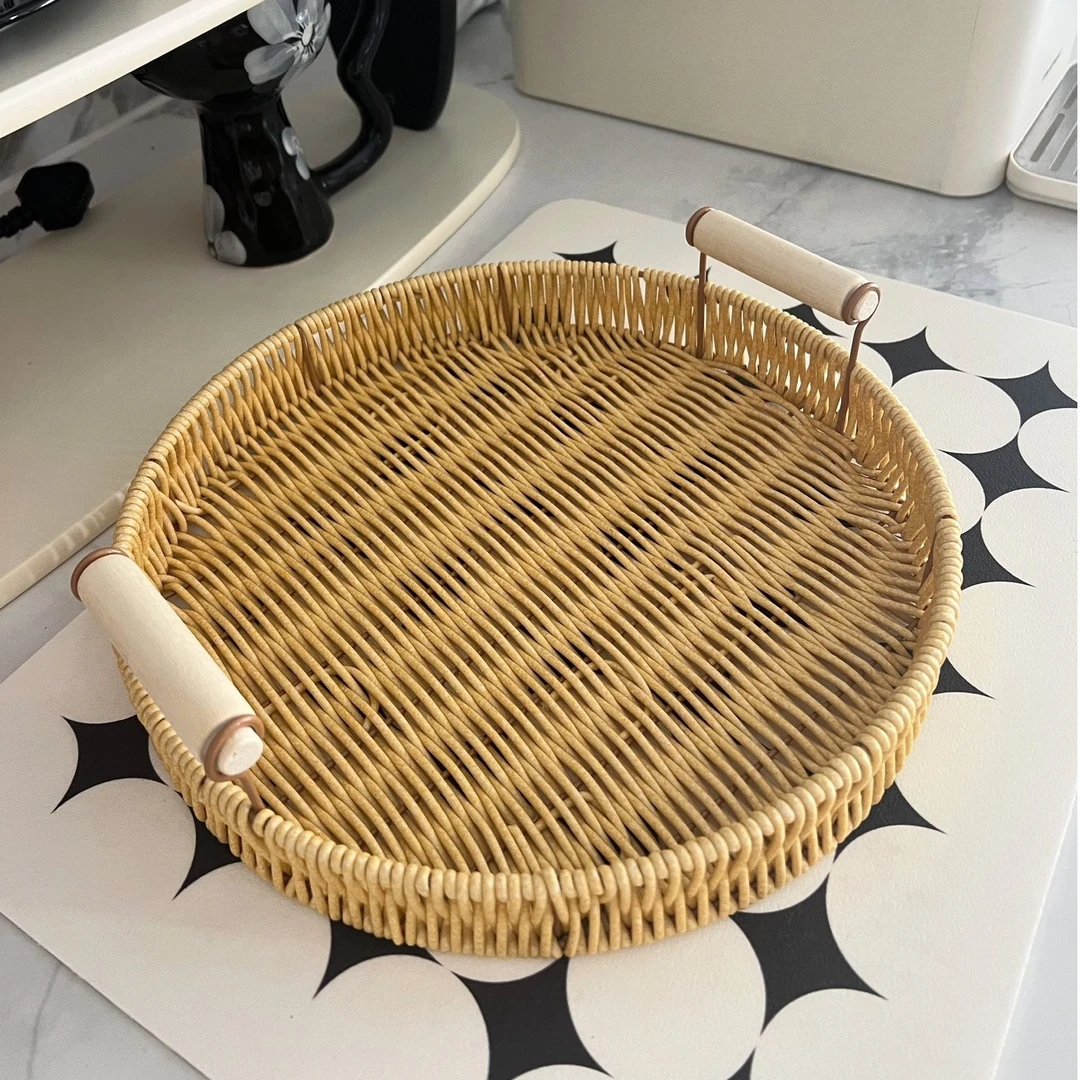 田园风放藤编托盘茶点零食摆盘把手平底托盘双耳水果盘仿藤果篮