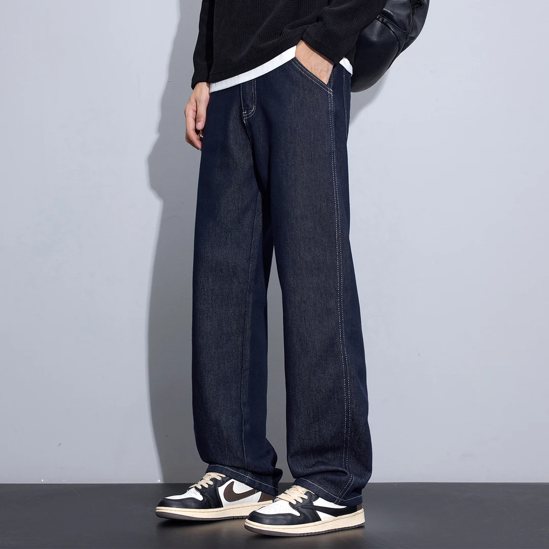 Kuvine辑明线美式复古水洗cleanfit简约百搭宽松直筒牛仔裤男秋季