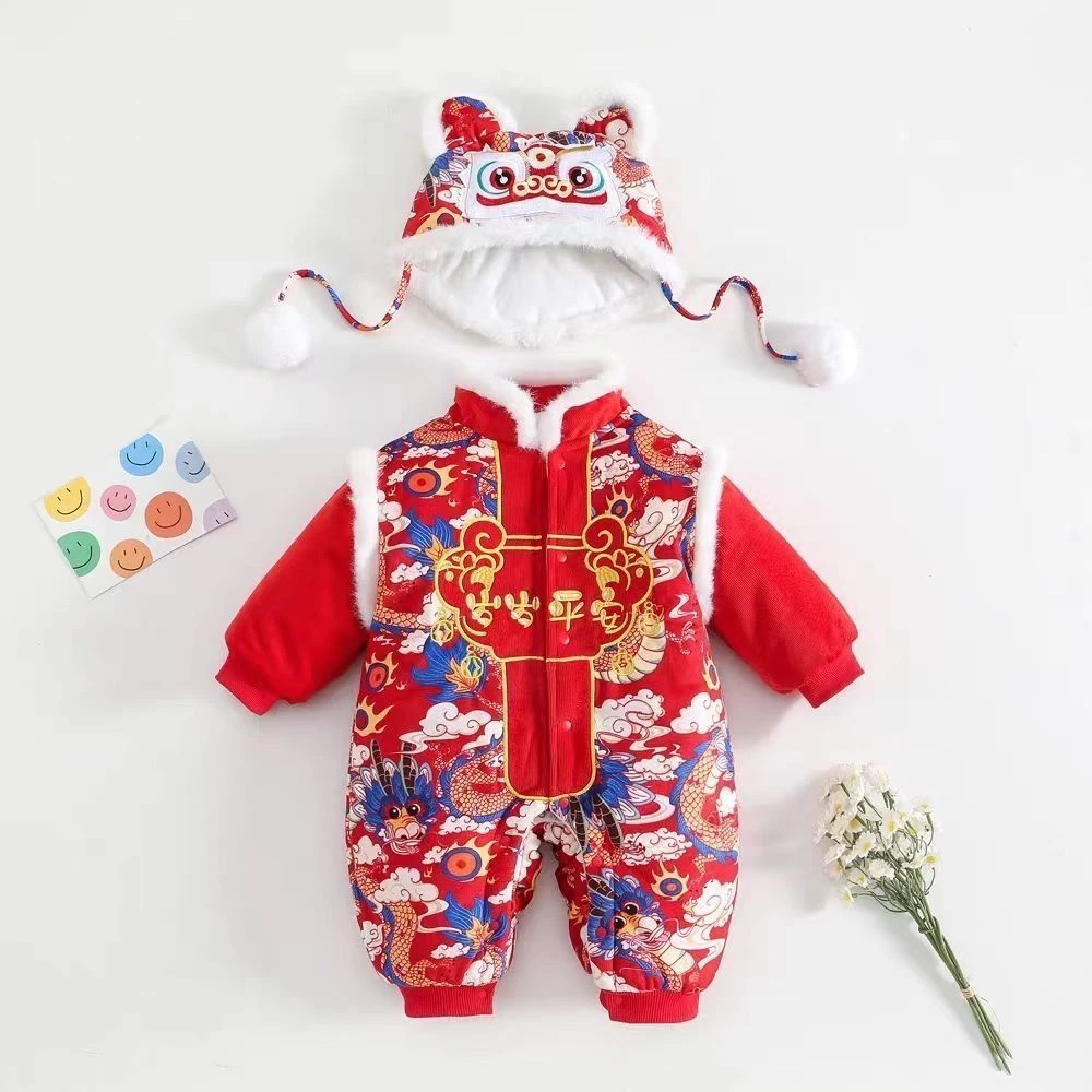 婴儿衣服冬季加厚红色连体衣宝宝喜庆百天新年男女过年周岁拜年