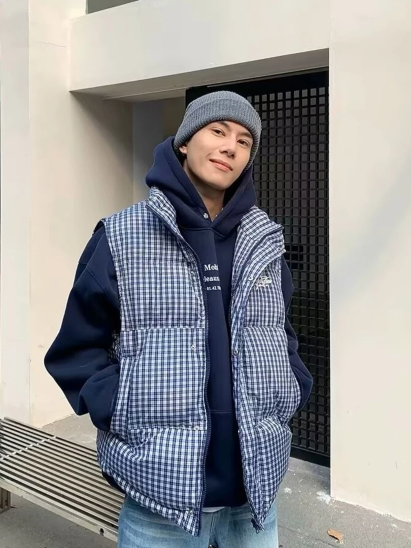 美式棉衣马甲男女款秋冬季加厚保暖外套格子背心坎肩休闲马夹棉服