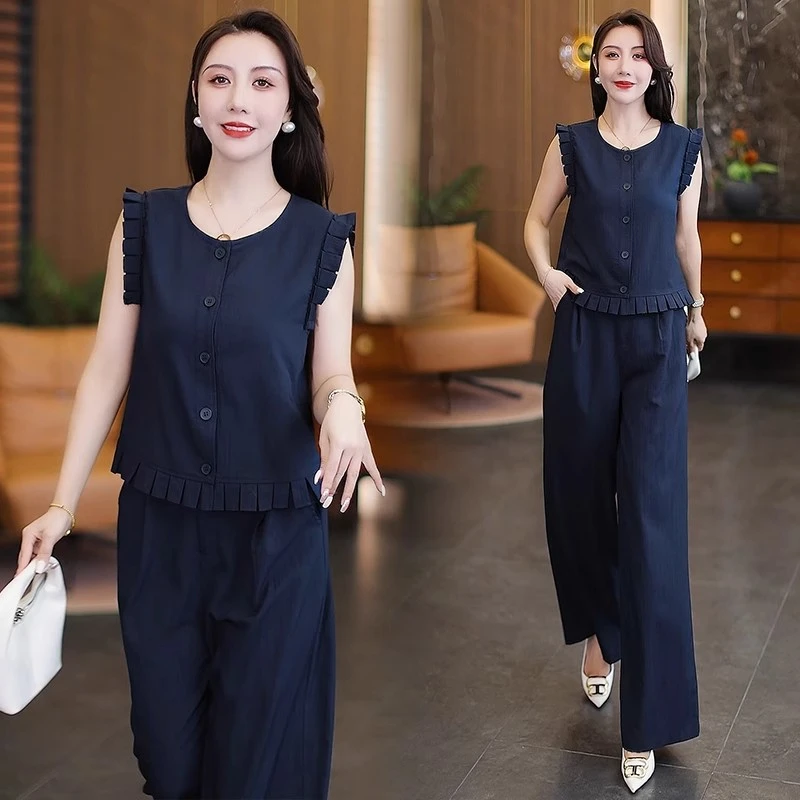 时尚套装女2025夏季新款洋气显瘦设计感短袖上衣阔腿裤休闲两件套