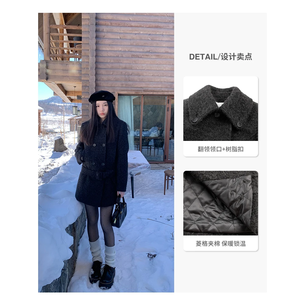 王少女的店 黑色毛呢外套秋冬新款法式赫本风翻领宽松小个子大衣