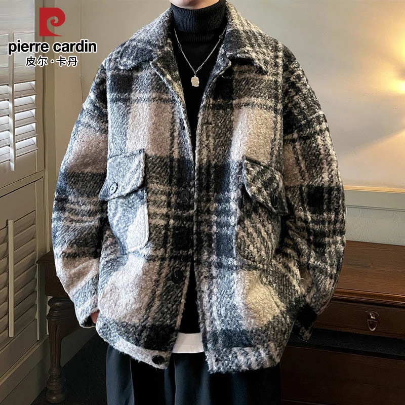 皮尔卡丹男士夹克春秋季毛呢翻领格子外套休闲宽松百搭潮流上衣男