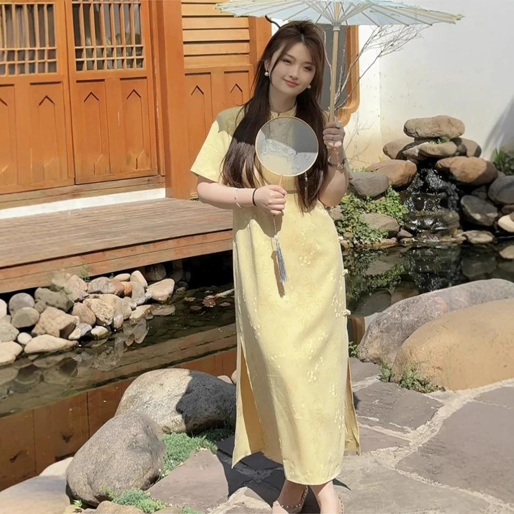 应小姐2025年夏季黄玫瑰微胖大码新中式优雅设计感显瘦中国风旗袍